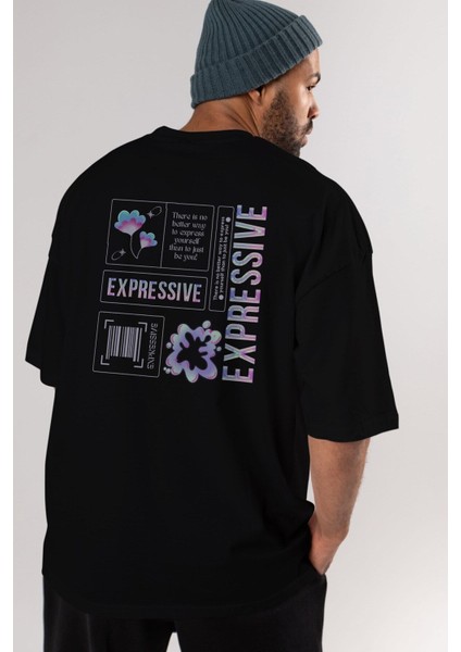 Expressive Streetwear Arka Baskılı Siyah Oversize T-Shirt Erkek Kadın Bisiklet Yaka indirimleri