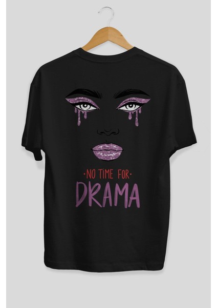 No Time For Drama Arka Baskılı Siyah Oversize T-Shirt Erkek Kadın Bisiklet Yaka fiyatları