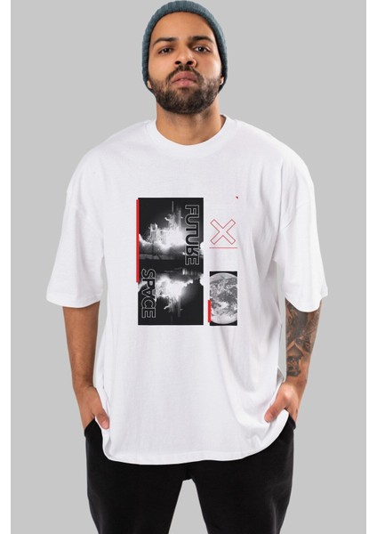 Future Space Ön Baskılı Beyaz Oversize T-Shirt Erkek Kadın Bisiklet Yaka