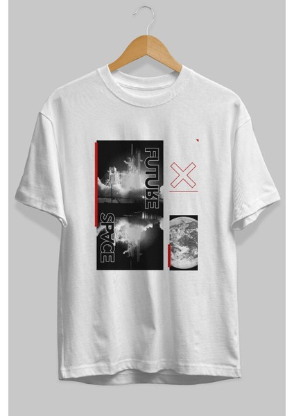 Future Space Ön Baskılı Beyaz Oversize T-Shirt Erkek Kadın Bisiklet Yaka