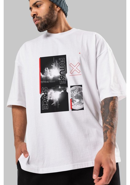 Future Space Ön Baskılı Beyaz Oversize T-Shirt Erkek Kadın Bisiklet Yaka