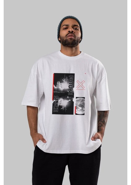 Future Space Ön Baskılı Beyaz Oversize T-Shirt Erkek Kadın Bisiklet Yaka