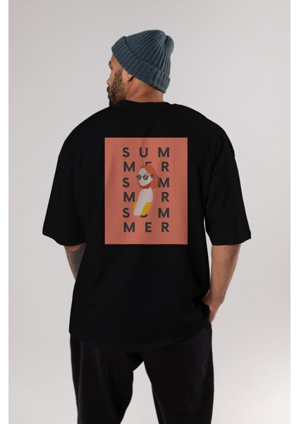 Summer Woman Arka Baskılı Siyah Oversize T-Shirt Erkek Kadın Bisiklet Yaka modelleri