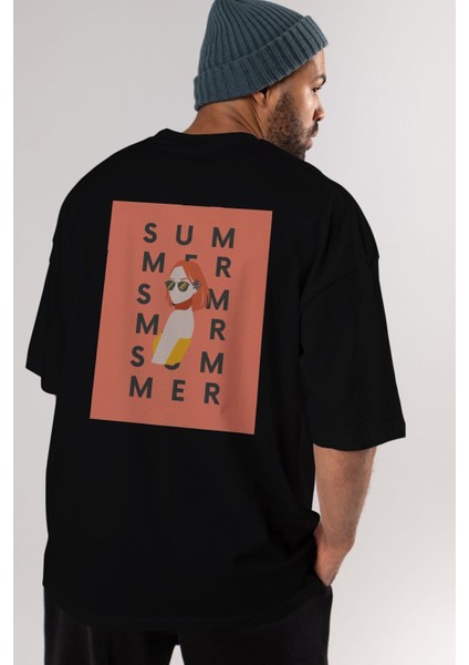 Summer Woman Arka Baskılı Siyah Oversize T-Shirt Erkek Kadın Bisiklet Yaka fırsatları