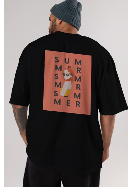 Summer Woman Arka Baskılı Siyah Oversize T-Shirt Erkek Kadın Bisiklet Yaka indirimleri