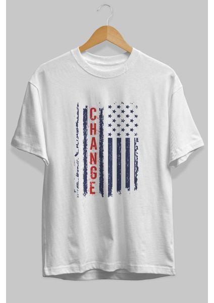 Change Ön Baskılı Beyaz Oversize T-Shirt Erkek Kadın Bisiklet Yaka modelleri