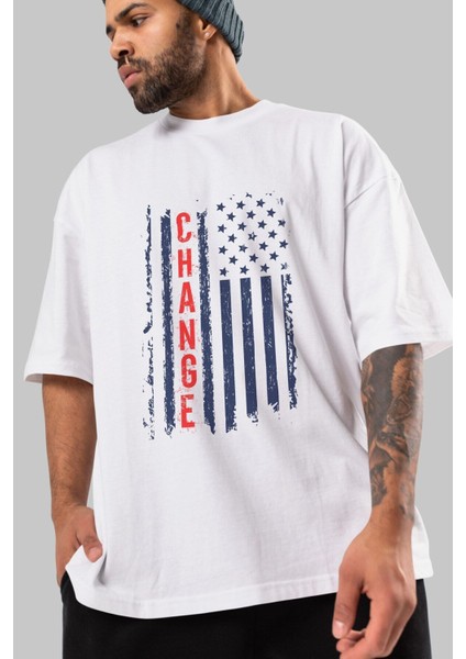 Change Ön Baskılı Beyaz Oversize T-Shirt Erkek Kadın Bisiklet Yaka fırsatları