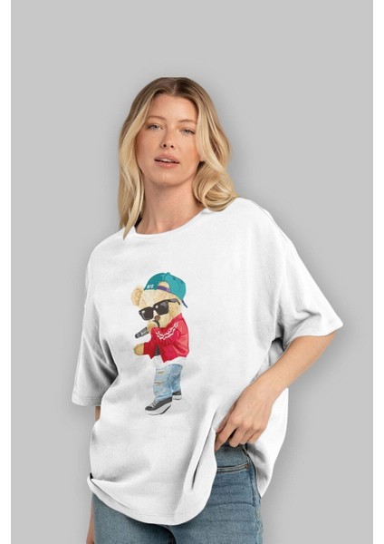 Teddy Bear Şarkıcı Ön Baskılı Beyaz Oversize T-Shirt Erkek Kadın Bisiklet Yaka modelleri