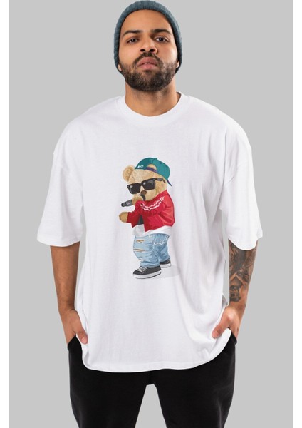 Teddy Bear Şarkıcı Ön Baskılı Beyaz Oversize T-Shirt Erkek Kadın Bisiklet Yaka fırsatları