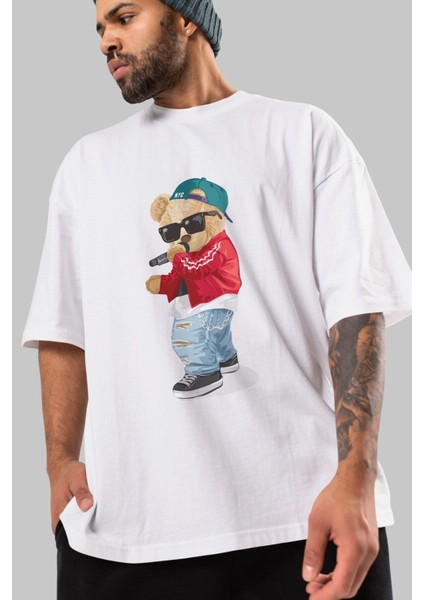 Teddy Bear Şarkıcı Ön Baskılı Beyaz Oversize T-Shirt Erkek Kadın Bisiklet Yaka indirimleri