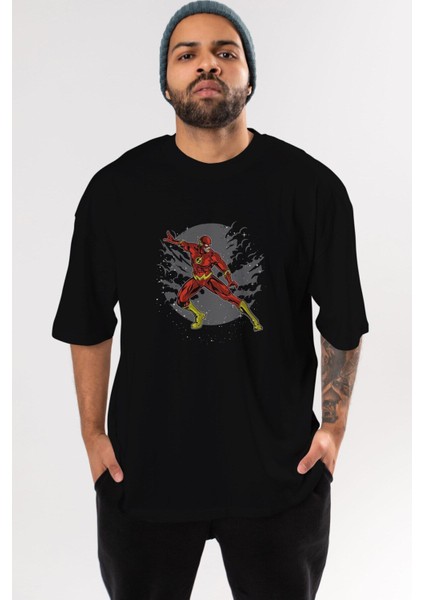 The Flash Ön Baskılı Siyah Oversize T-Shirt Erkek Kadın Bisiklet Yaka