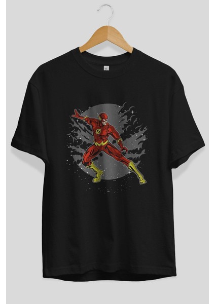 The Flash Ön Baskılı Siyah Oversize T-Shirt Erkek Kadın Bisiklet Yaka