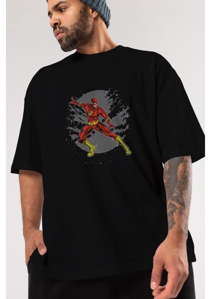 The Flash Ön Baskılı Siyah Oversize T-Shirt Erkek Kadın Bisiklet Yaka