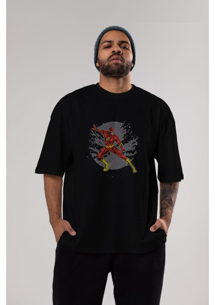The Flash Ön Baskılı Siyah Oversize T-Shirt Erkek Kadın Bisiklet Yaka