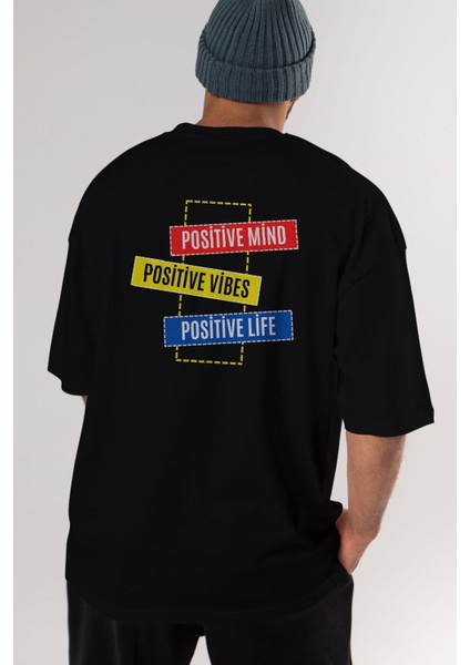 Positive Mind Vibes Lifes Arka Baskılı Siyah Oversize T-Shirt Erkek Kadın Bisiklet Yaka fiyatları