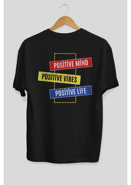 Positive Mind Vibes Lifes Arka Baskılı Siyah Oversize T-Shirt Erkek Kadın Bisiklet Yaka modelleri