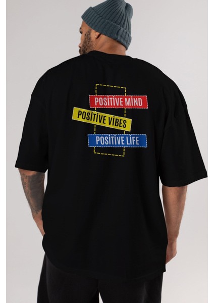 Positive Mind Vibes Lifes Arka Baskılı Siyah Oversize T-Shirt Erkek Kadın Bisiklet Yaka indirimleri