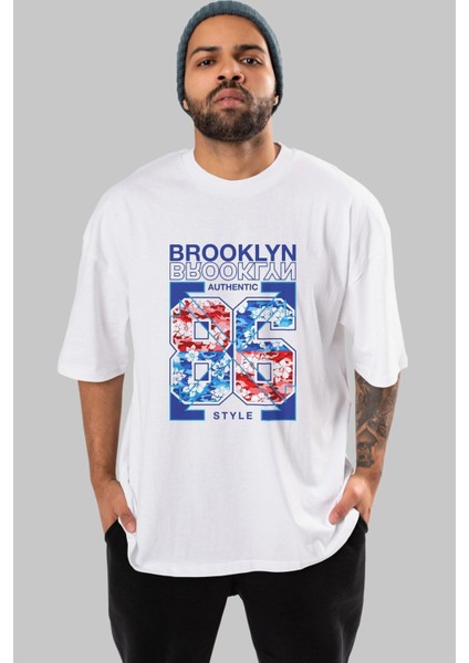Brooklyn 86 Style Ön Baskılı Beyaz Oversize T-Shirt Erkek Kadın Bisiklet Yaka indirimleri