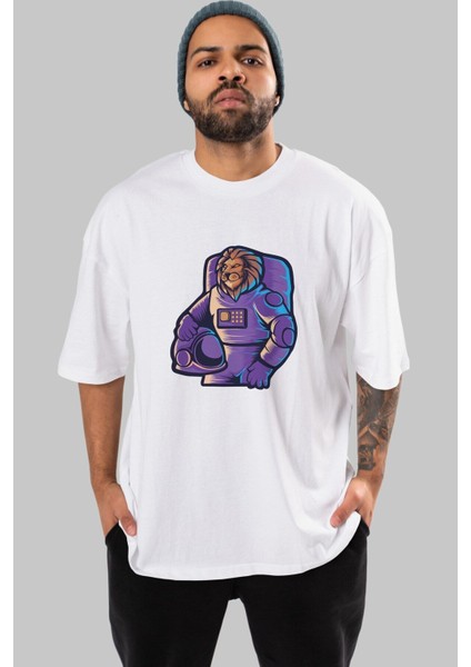 Astroking Ön Baskılı Beyaz Oversize T-Shirt Erkek Kadın Bisiklet Yaka
