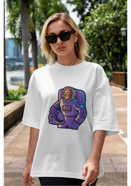 Astroking Ön Baskılı Beyaz Oversize T-Shirt Erkek Kadın Bisiklet Yaka indirimleri