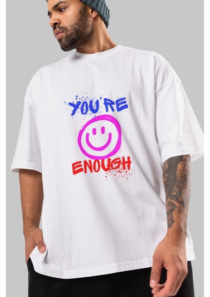You Are Enough Yazılı Ön Baskılı Beyaz Oversize T-Shirt Erkek Kadın Bisiklet Yaka fiyatları