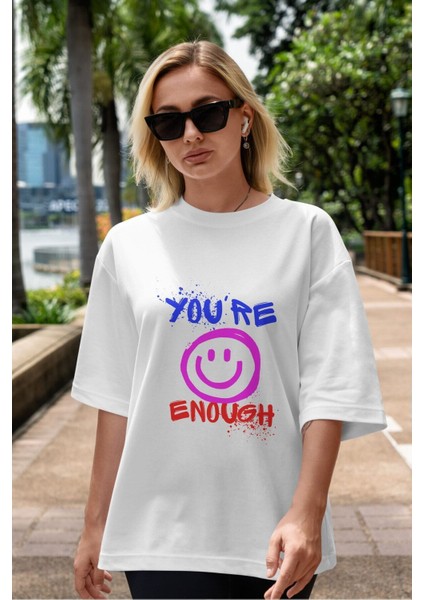 You Are Enough Yazılı Ön Baskılı Beyaz Oversize T-Shirt Erkek Kadın Bisiklet Yaka modelleri