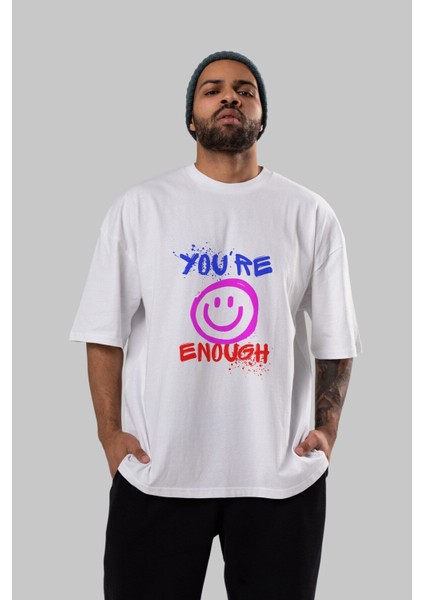 You Are Enough Yazılı Ön Baskılı Beyaz Oversize T-Shirt Erkek Kadın Bisiklet Yaka fırsatları