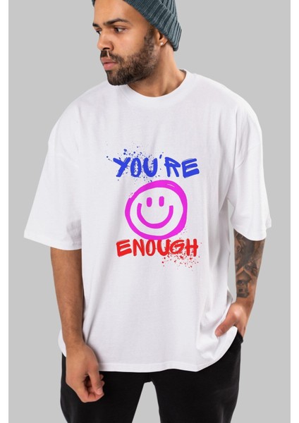 You Are Enough Yazılı Ön Baskılı Beyaz Oversize T-Shirt Erkek Kadın Bisiklet Yaka indirimleri