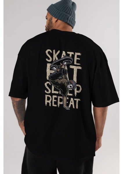 Skate Eat Sleep Repeat Arka Baskılı Siyah Oversize T-Shirt Erkek Kadın Bisiklet Yaka