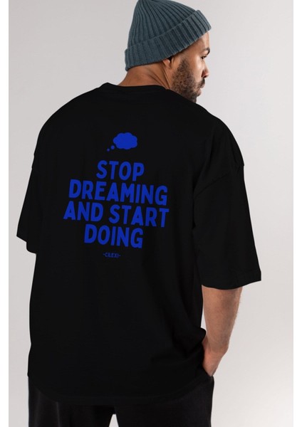 Stop Dreaming Yazılı Arka Baskılı Siyah Oversize T-Shirt Erkek Kadın Bisiklet Yaka fiyatları