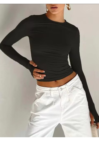 Gardıroza Bisiklet Yaka Parmak Detaylı Basic Body , Parmak Detaylı Body, Parmak Detay Bluz