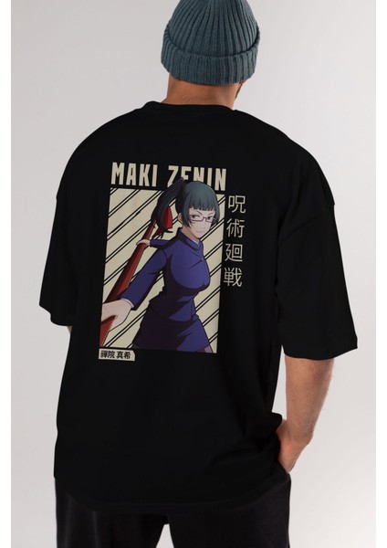 Maki Zenin Chainsawman Anime Arka Baskılı Siyah Oversize T-Shirt Erkek Kadın