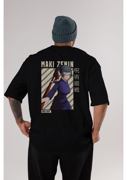 Maki Zenin Chainsawman Anime Arka Baskılı Siyah Oversize T-Shirt Erkek Kadın modelleri