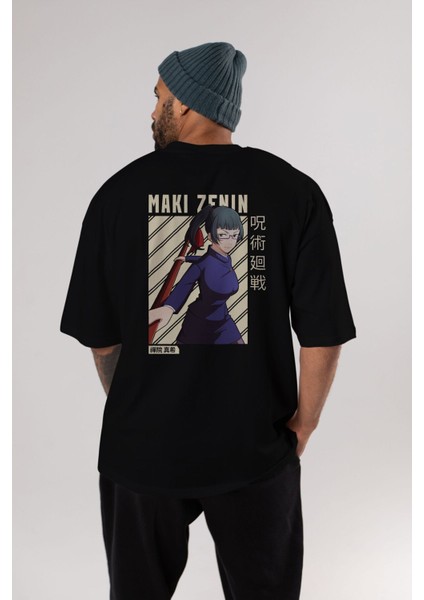 Maki Zenin Chainsawman Anime Arka Baskılı Siyah Oversize T-Shirt Erkek Kadın fırsatları