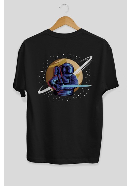 Astro Knight Arka Baskılı Siyah Oversize T-Shirt Erkek Kadın Bisiklet Yaka