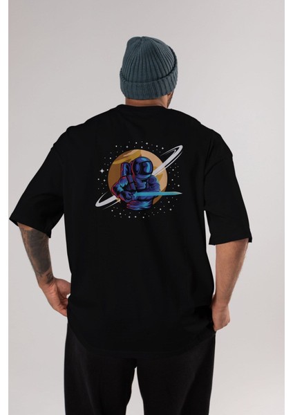Astro Knight Arka Baskılı Siyah Oversize T-Shirt Erkek Kadın Bisiklet Yaka modelleri