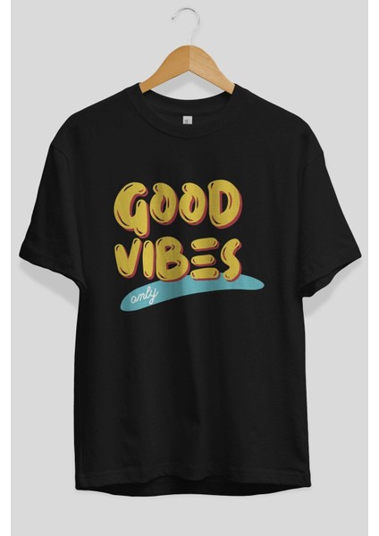 Good Vibes Ön Baskılı Siyah Oversize T-Shirt Erkek Kadın Bisiklet Yaka fiyatları