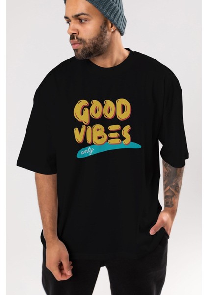 Good Vibes Ön Baskılı Siyah Oversize T-Shirt Erkek Kadın Bisiklet Yaka fırsatları