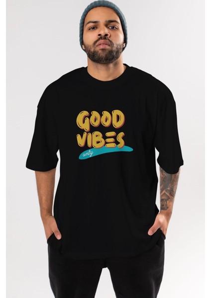 Good Vibes Ön Baskılı Siyah Oversize T-Shirt Erkek Kadın Bisiklet Yaka indirimleri
