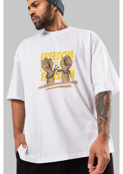 Freedom Yazılı Ön Baskılı Beyaz Oversize T-Shirt Erkek Kadın Bisiklet Yaka fiyatları