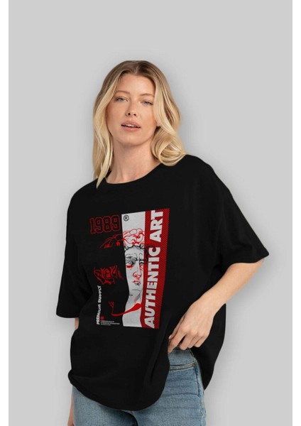 Authentic Art Ön Baskılı Siyah Oversize T-Shirt Erkek Kadın Bisiklet Yaka fiyatları
