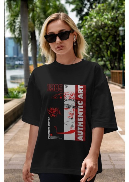 Authentic Art Ön Baskılı Siyah Oversize T-Shirt Erkek Kadın Bisiklet Yaka modelleri
