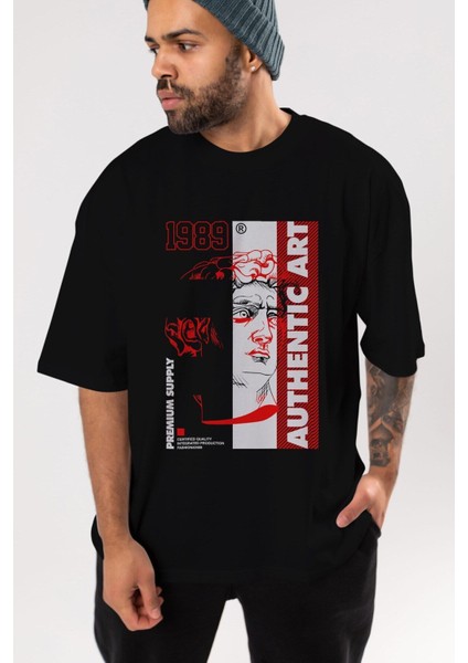 Authentic Art Ön Baskılı Siyah Oversize T-Shirt Erkek Kadın Bisiklet Yaka fırsatları
