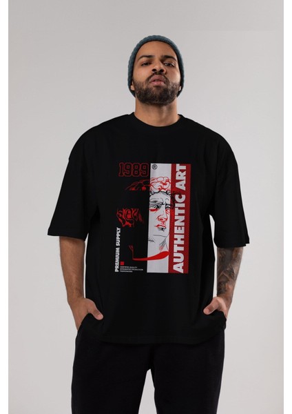 Authentic Art Ön Baskılı Siyah Oversize T-Shirt Erkek Kadın Bisiklet Yaka indirimleri