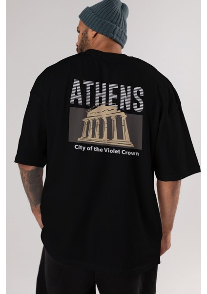 Athens Arka Baskılı Siyah Oversize T-Shirt Erkek Kadın Bisiklet Yaka