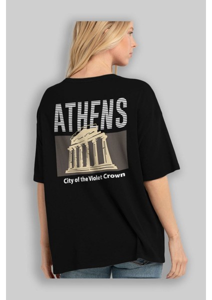 Athens Arka Baskılı Siyah Oversize T-Shirt Erkek Kadın Bisiklet Yaka fiyatları