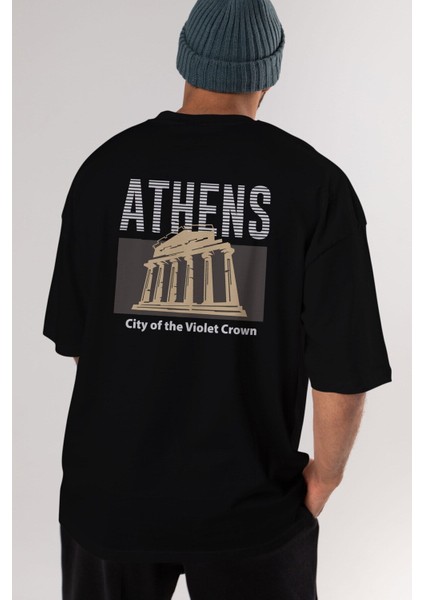 Athens Arka Baskılı Siyah Oversize T-Shirt Erkek Kadın Bisiklet Yaka modelleri