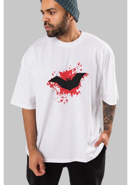 Halloween Ön Baskılı Beyaz Oversize T-Shirt Erkek Kadın Bisiklet Yaka