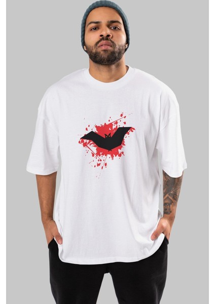 Halloween Ön Baskılı Beyaz Oversize T-Shirt Erkek Kadın Bisiklet Yaka modelleri