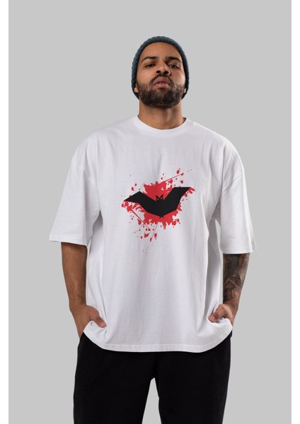 Halloween Ön Baskılı Beyaz Oversize T-Shirt Erkek Kadın Bisiklet Yaka fırsatları